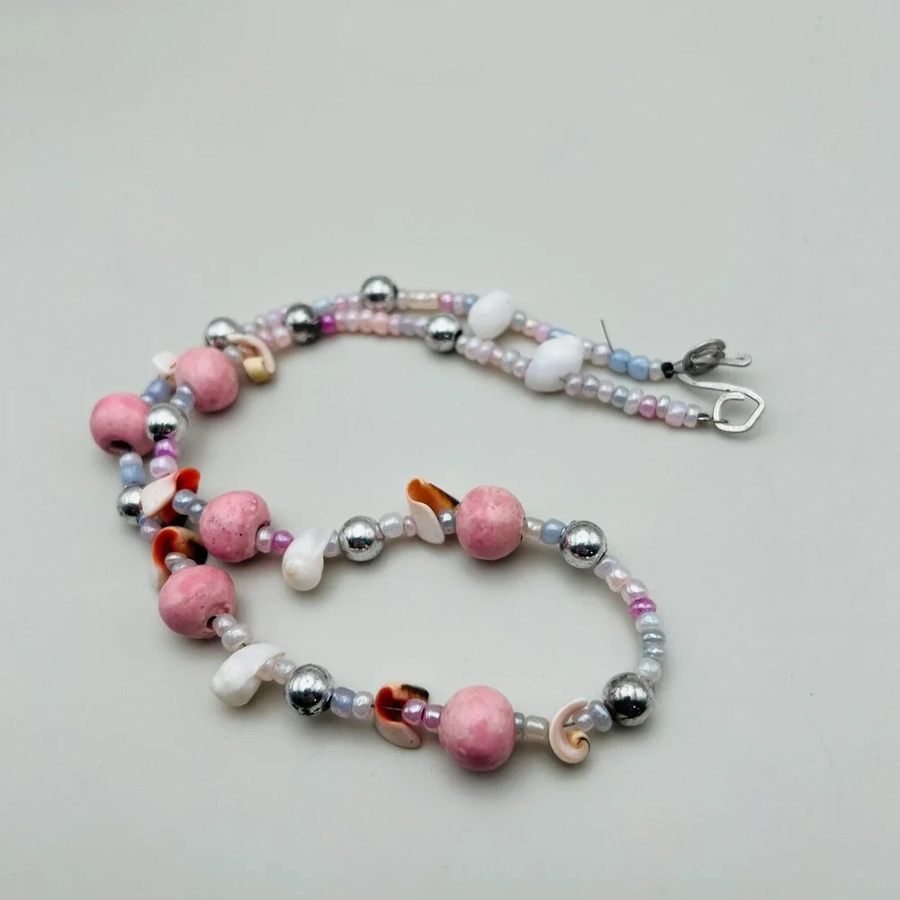 Beaded Necklace Pink White Shell Mixed Bead Silver Tone Pastel Coastal Style 20